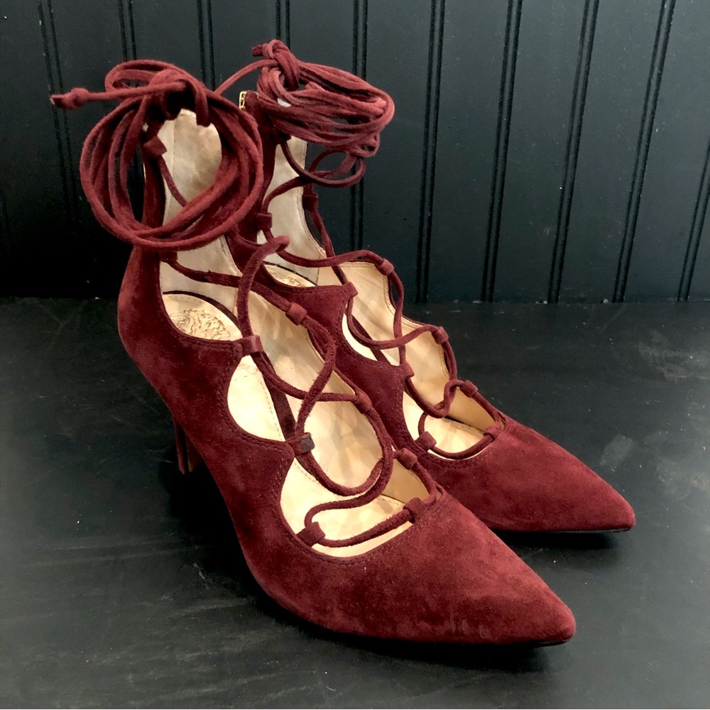 Vince Camuto burgundy suede lace up heels size 5 brand new never worn